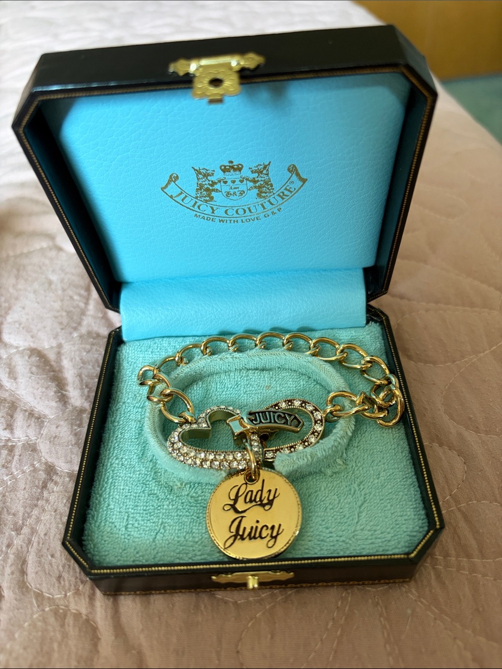 Juicy Couture “Lady Juicy” Gold Crystal Heart Charm Bracelet